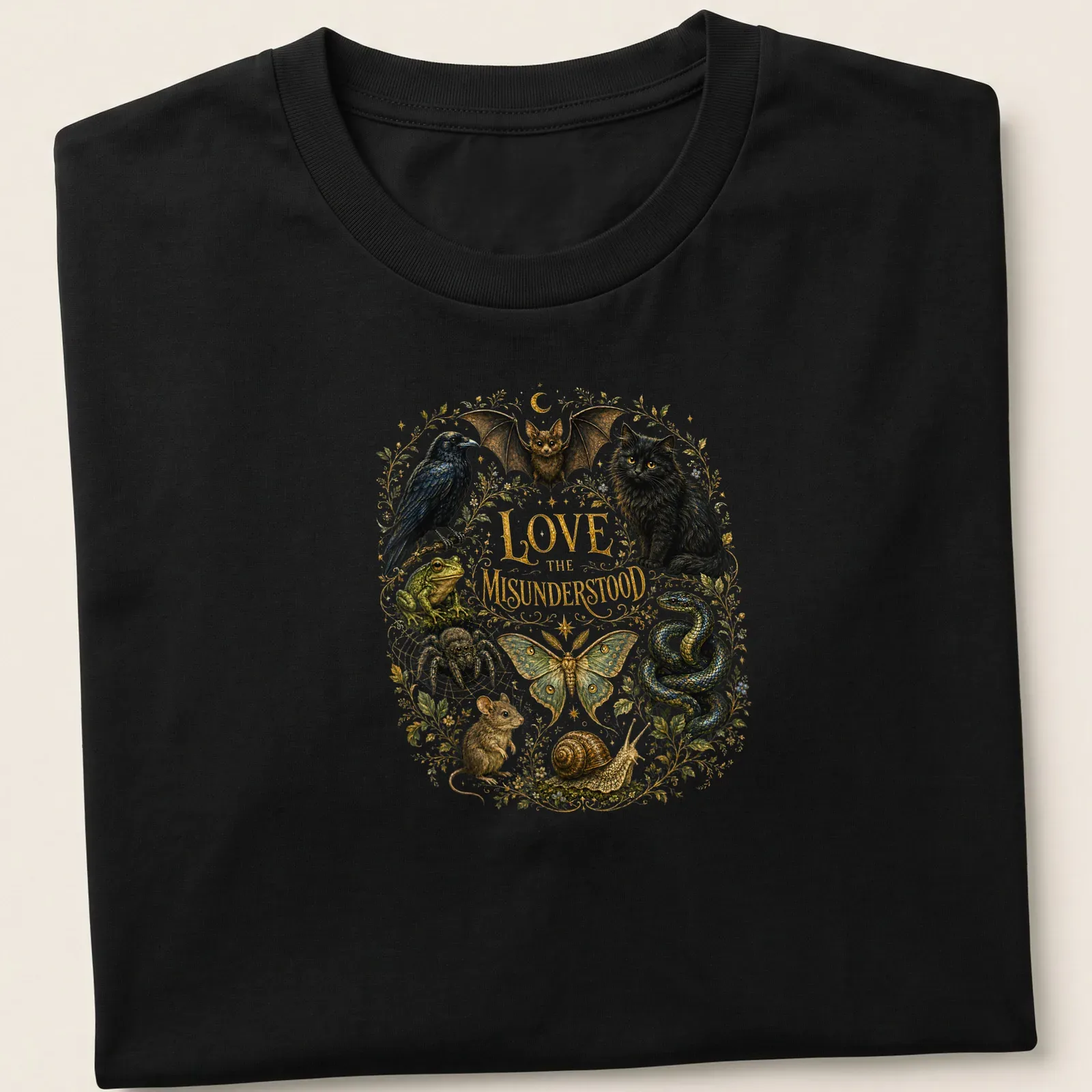 Vintage botanical print featuring a black cat, bat, snake, and other misunderstood animals — printed on a unisex t-shirt