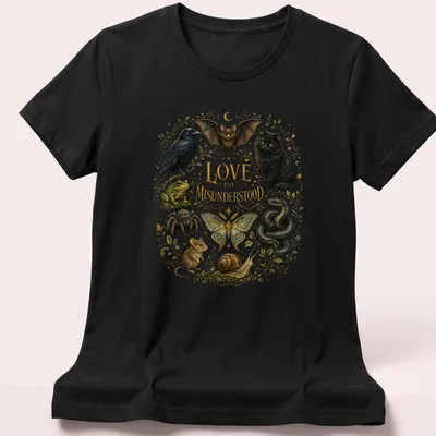 Vintage botanical print featuring a black cat, bat, snake, and other misunderstood animals — printed on a women's shirt