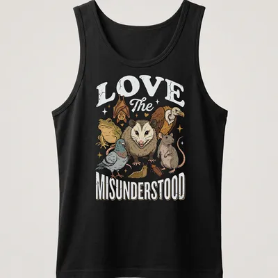 Illustrative t-shirt featuring various misunderstood animals with heartfelt text — printed on a tank top