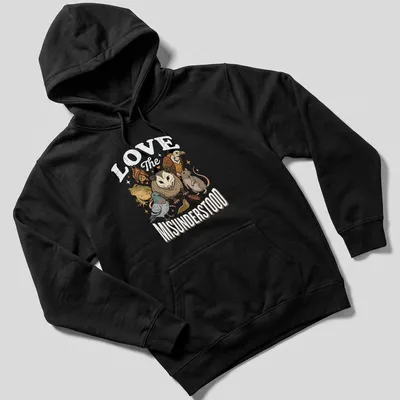 Illustrative t-shirt featuring various misunderstood animals with heartfelt text — printed on a unisex hoodie