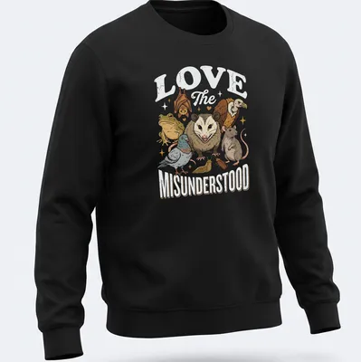 Illustrative t-shirt featuring various misunderstood animals with heartfelt text — printed on a unisex sweatshirt