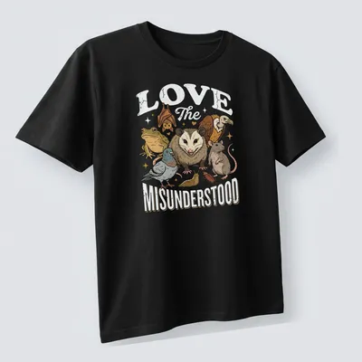Illustrative t-shirt featuring various misunderstood animals with heartfelt text — printed on a unisex t-shirt (angled view)