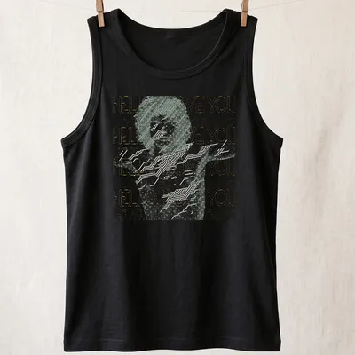 Colorful neon stencil text 'Love You Love You Love You' with an afro hairstyle illustration — printed on a tank top