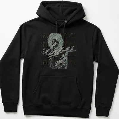 Colorful neon stencil text 'Love You Love You Love You' with an afro hairstyle illustration — printed on a unisex hoodie