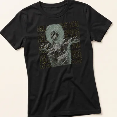 Colorful neon stencil text 'Love You Love You Love You' with an afro hairstyle illustration — printed on a women's shirt