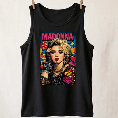 Retro pop art t-shirt featuring Madonna with vibrant colors — printed on a tank top
