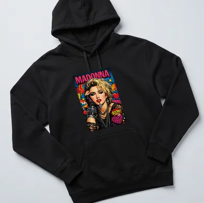 Retro pop art t-shirt featuring Madonna with vibrant colors — printed on a unisex hoodie
