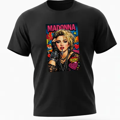 Retro pop art t-shirt featuring Madonna with vibrant colors — printed on a unisex t-shirt