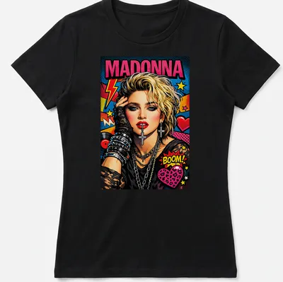 Retro pop art t-shirt featuring Madonna with vibrant colors — printed on a women's shirt