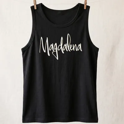 Personalized t-shirt featuring the name Magdalena in elegant script — printed on a tank top