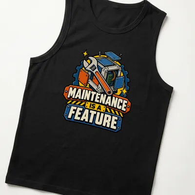 Vintage cartoon t-shirt with wrench and mechanical box, featuring the text 'MAINTENANCE IS A FEATURE' — printed on a tank top