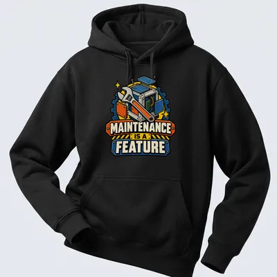 Vintage cartoon t-shirt with wrench and mechanical box, featuring the text 'MAINTENANCE IS A FEATURE' — printed on a unisex hoodie