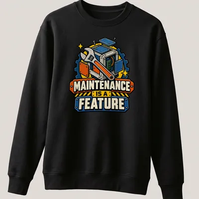 Vintage cartoon t-shirt with wrench and mechanical box, featuring the text 'MAINTENANCE IS A FEATURE' — printed on a unisex sweatshirt
