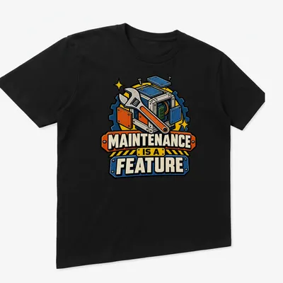 Vintage cartoon t-shirt with wrench and mechanical box, featuring the text 'MAINTENANCE IS A FEATURE' — printed on a unisex t-shirt (angled view)