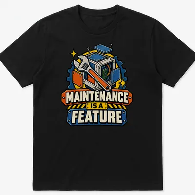Vintage cartoon t-shirt with wrench and mechanical box, featuring the text 'MAINTENANCE IS A FEATURE' — printed on a unisex t-shirt