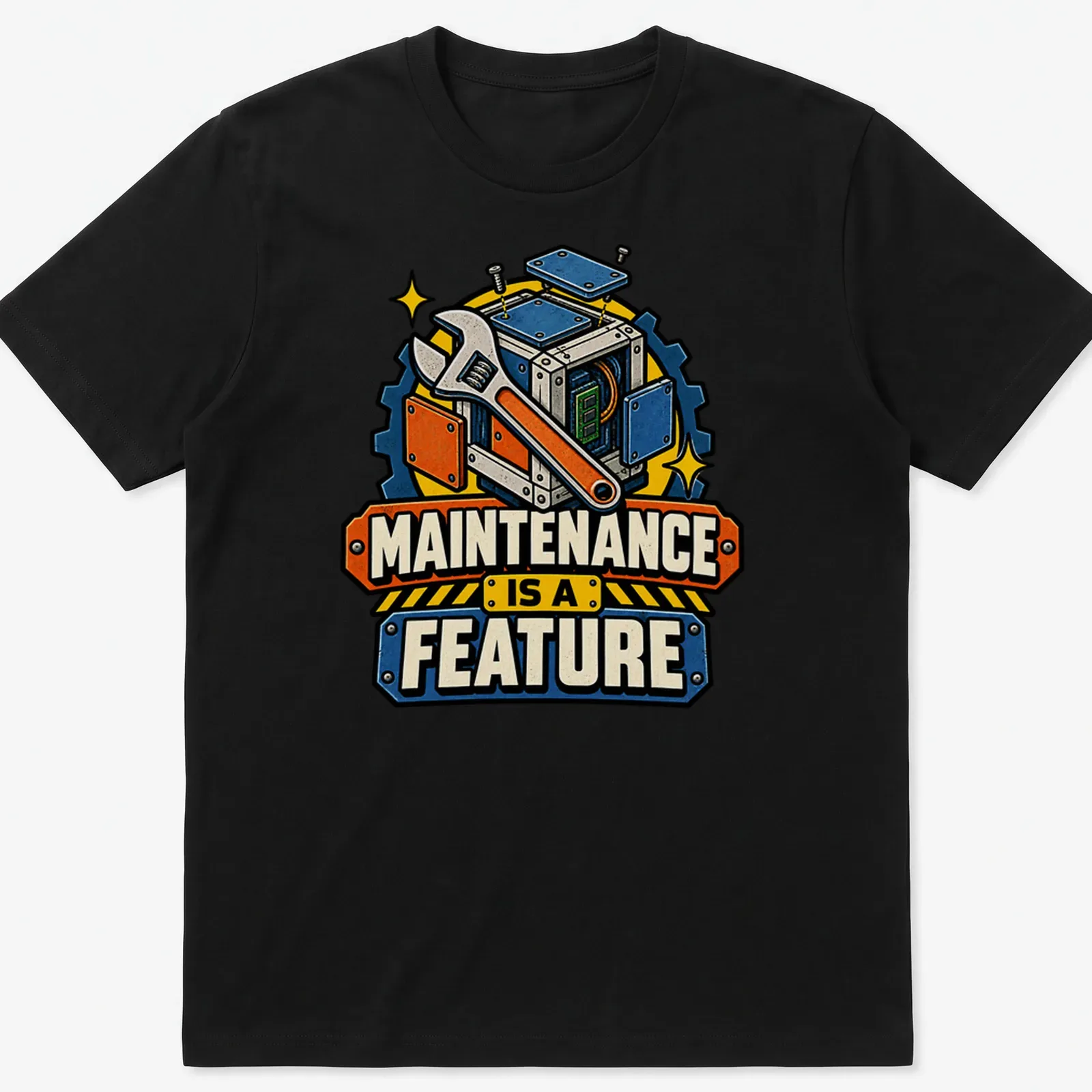 Vintage cartoon t-shirt with wrench and mechanical box, featuring the text 'MAINTENANCE IS A FEATURE' — printed on a unisex t-shirt