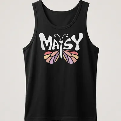 Personalized vintage T-shirt with the name Maisy and a butterfly design — printed on a tank top