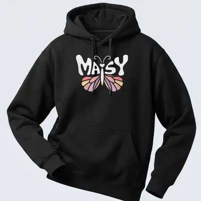 Personalized vintage T-shirt with the name Maisy and a butterfly design — printed on a unisex hoodie