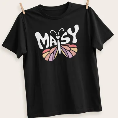 Personalized vintage T-shirt with the name Maisy and a butterfly design