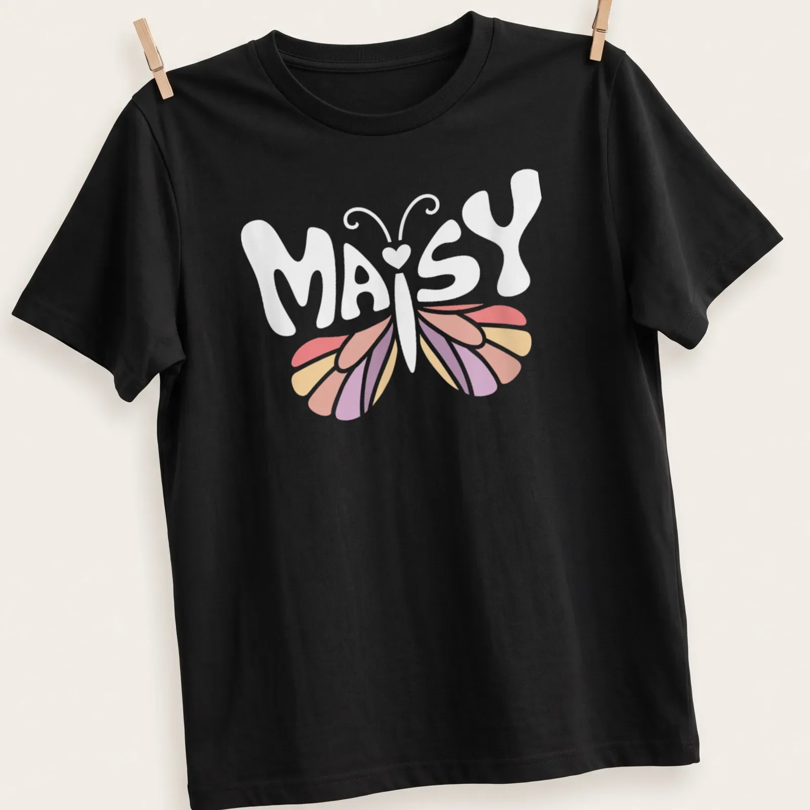 Personalized vintage T-shirt with the name Maisy and a butterfly design — printed on a unisex t-shirt
