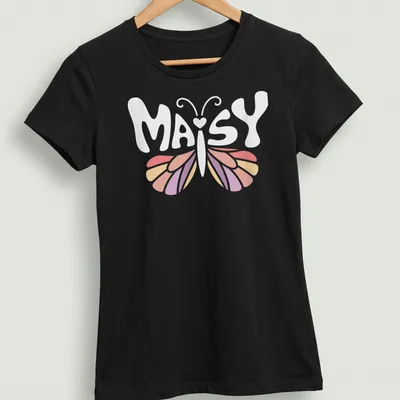 Personalized vintage T-shirt with the name Maisy and a butterfly design — printed on a women's shirt