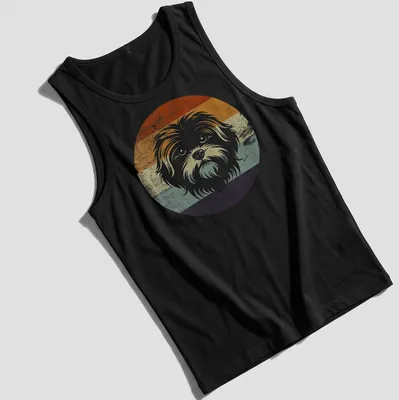 Retro distressed Maltese dog t-shirt with vibrant hues of orange, green, blue, purple, and white — printed on a tank top