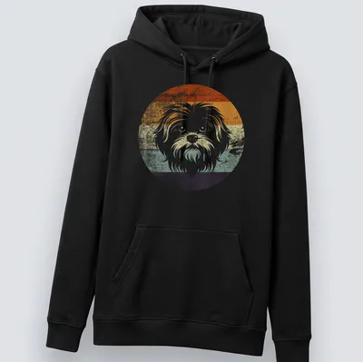 Retro distressed Maltese dog t-shirt with vibrant hues of orange, green, blue, purple, and white — printed on a unisex hoodie