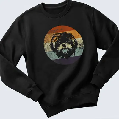 Retro distressed Maltese dog t-shirt with vibrant hues of orange, green, blue, purple, and white — printed on a unisex sweatshirt