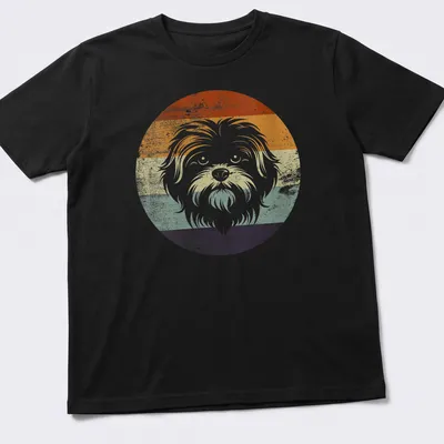 Retro distressed Maltese dog t-shirt with vibrant hues of orange, green, blue, purple, and white