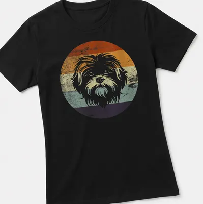 Retro distressed Maltese dog t-shirt with vibrant hues of orange, green, blue, purple, and white — printed on a women's shirt