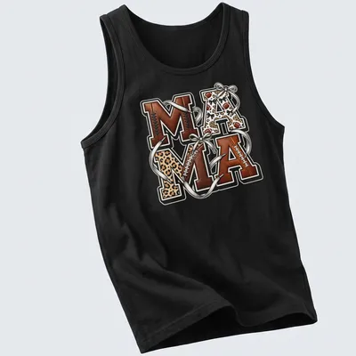 Retro sports varsity Mama t-shirt with leopard print and bow decoration — printed on a tank top