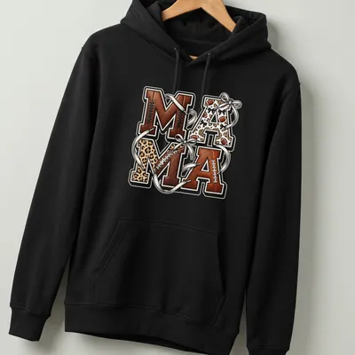 Retro sports varsity Mama t-shirt with leopard print and bow decoration — printed on a unisex hoodie