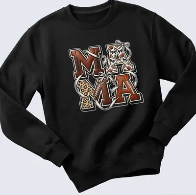 Retro sports varsity Mama t-shirt with leopard print and bow decoration — printed on a unisex sweatshirt