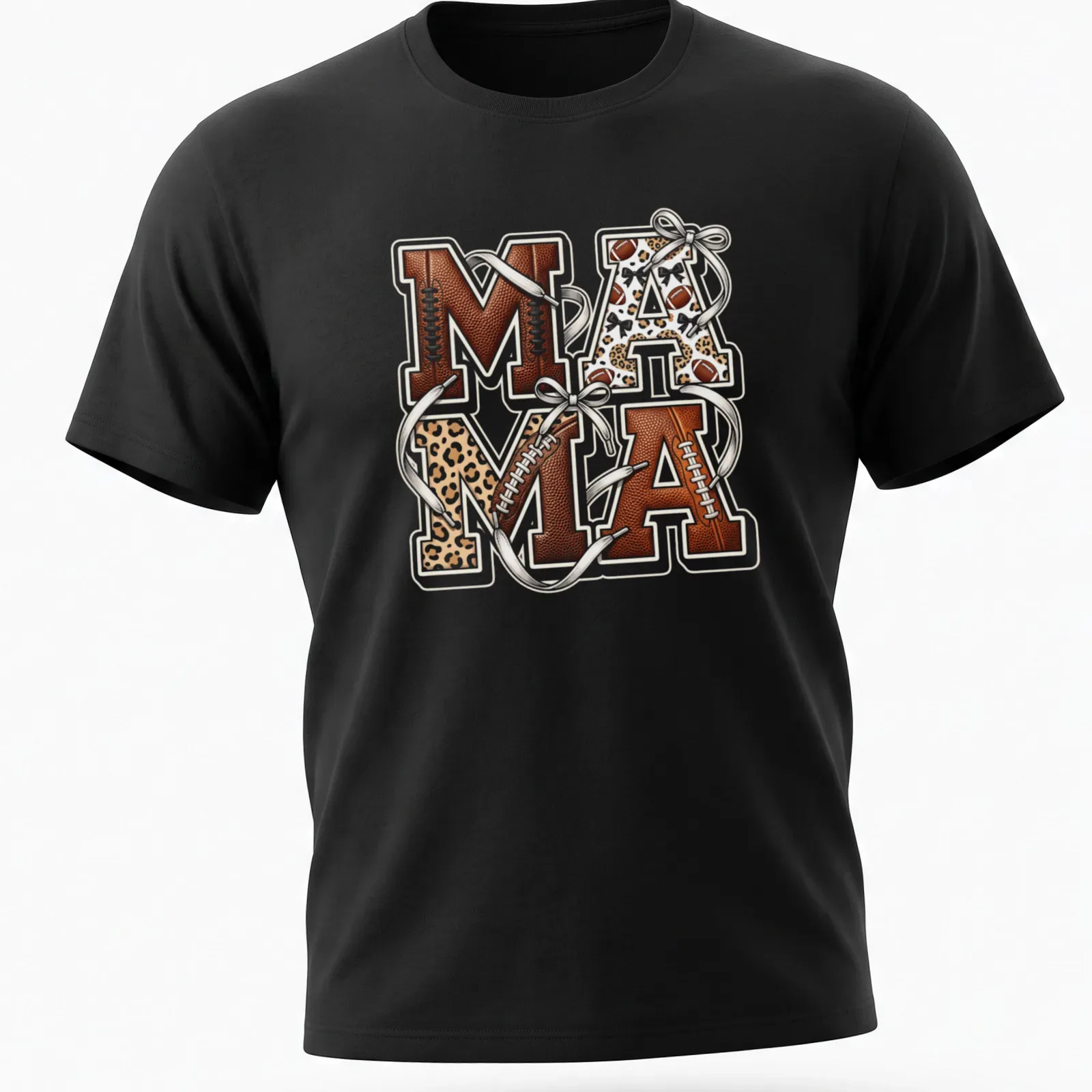 Retro sports varsity Mama t-shirt with leopard print and bow decoration — printed on a unisex t-shirt
