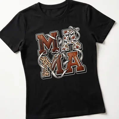 Retro sports varsity Mama t-shirt with leopard print and bow decoration — printed on a women's shirt