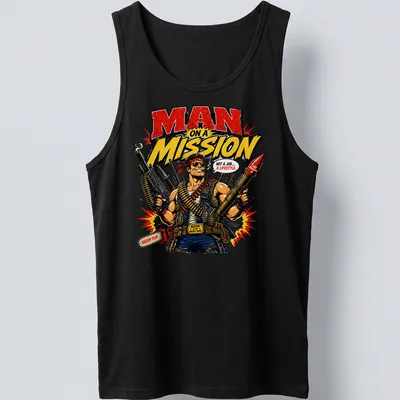 Vintage comic style t-shirt featuring a muscular man with weapons and bold text — printed on a tank top