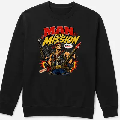 Vintage comic style t-shirt featuring a muscular man with weapons and bold text — printed on a unisex sweatshirt