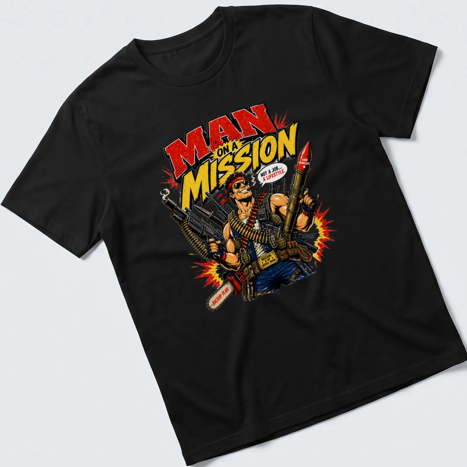 Vintage comic style t-shirt featuring a muscular man with weapons and bold text — printed on a unisex t-shirt
