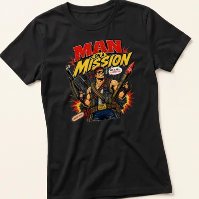 Vintage comic style t-shirt featuring a muscular man with weapons and bold text — printed on a women's shirt