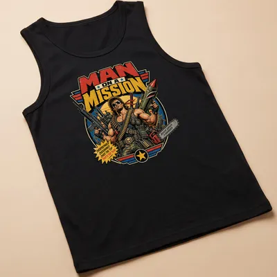 Bold comic-style t-shirt featuring a muscular man with weapons and humorous text — printed on a tank top