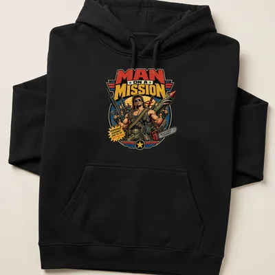 Bold comic-style t-shirt featuring a muscular man with weapons and humorous text — printed on a unisex hoodie