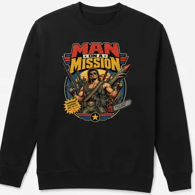 Bold comic-style t-shirt featuring a muscular man with weapons and humorous text — printed on a unisex sweatshirt