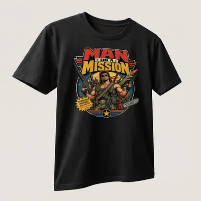 Bold comic-style t-shirt featuring a muscular man with weapons and humorous text — printed on a unisex t-shirt (angled view)