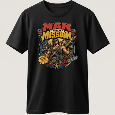 Bold comic-style t-shirt featuring a muscular man with weapons and humorous text