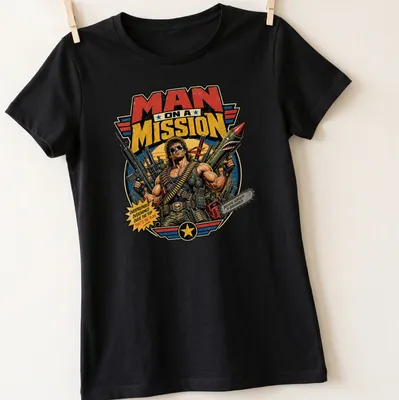 Bold comic-style t-shirt featuring a muscular man with weapons and humorous text — printed on a women's shirt