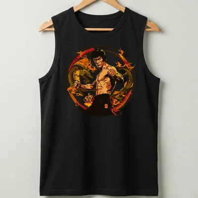Illustration of a martial artist fighting dragons in bold colors — printed on a tank top