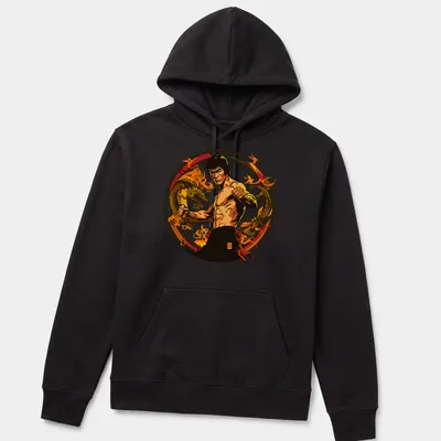 Illustration of a martial artist fighting dragons in bold colors — printed on a unisex hoodie