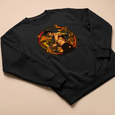 Illustration of a martial artist fighting dragons in bold colors — printed on a unisex sweatshirt