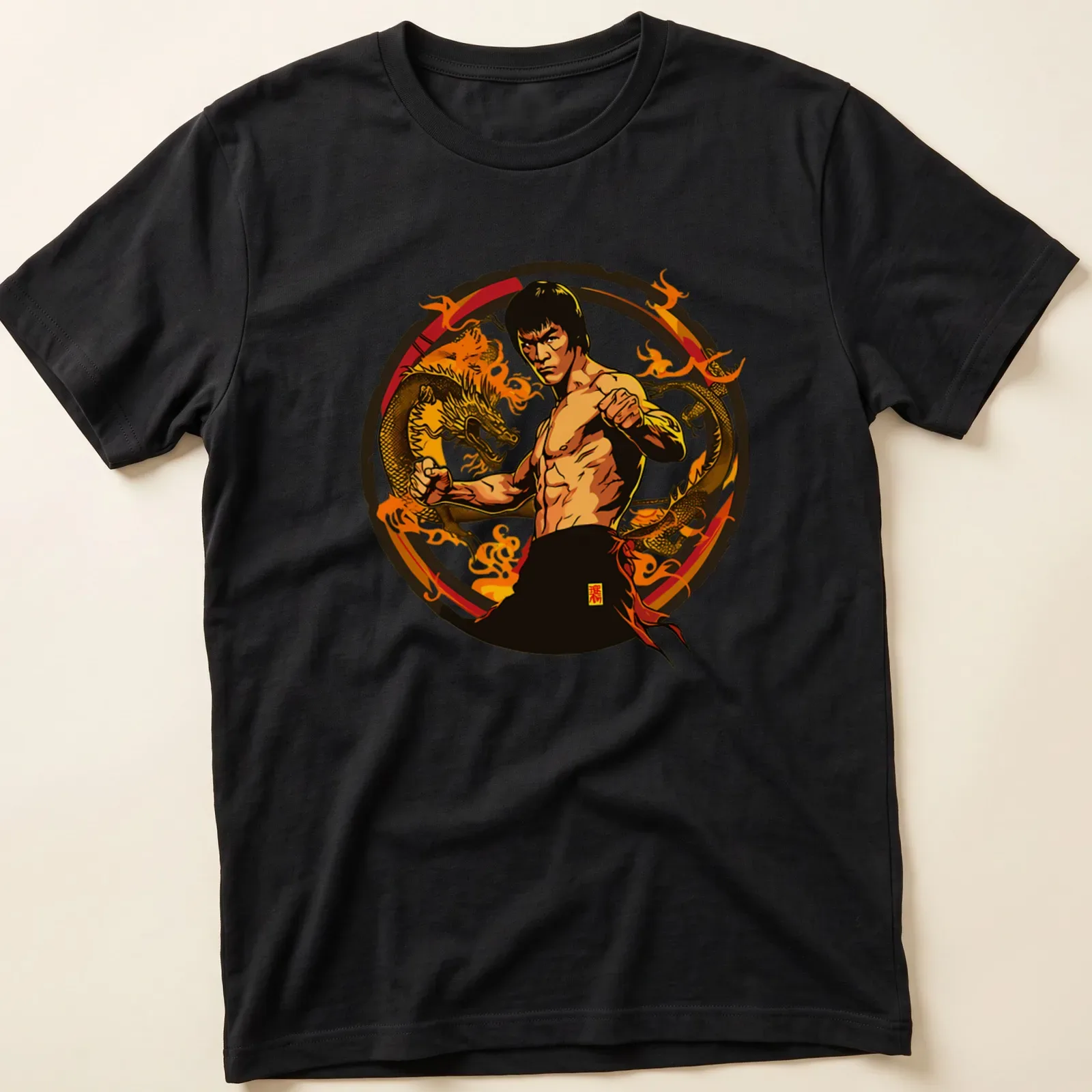 Illustration of a martial artist fighting dragons in bold colors — printed on a unisex t-shirt