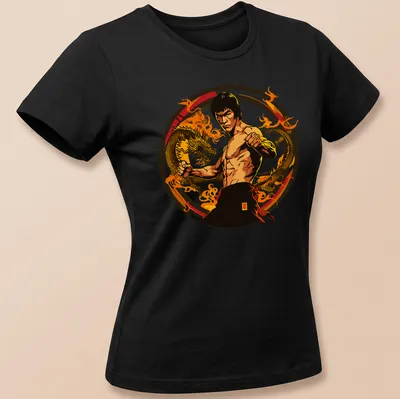 Illustration of a martial artist fighting dragons in bold colors — printed on a women's shirt